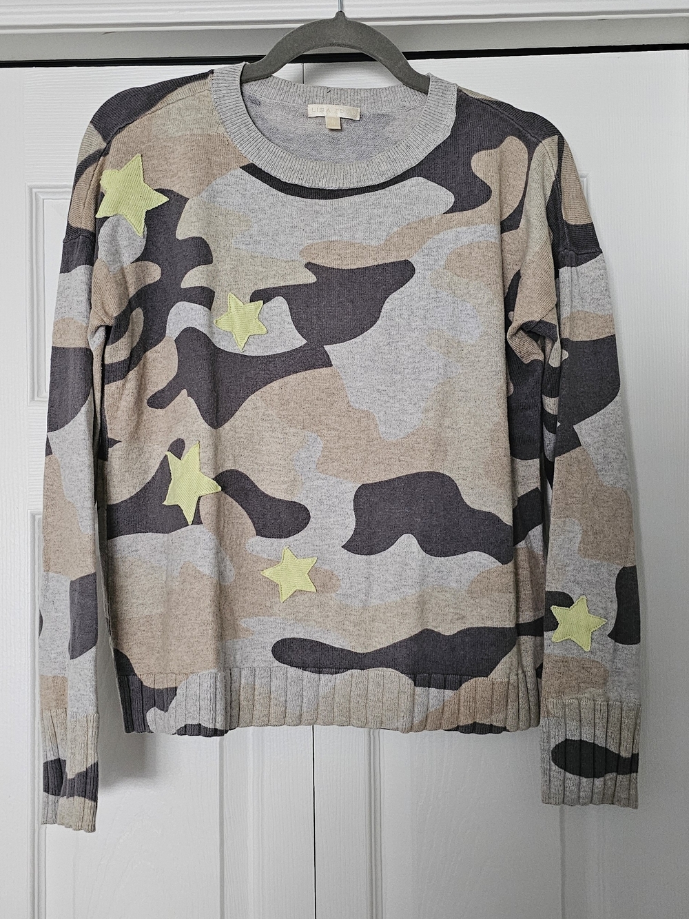 Lisa Todd Gray Tan Black Camouflage Crewneck Sweater with Yellow Star Appliqués